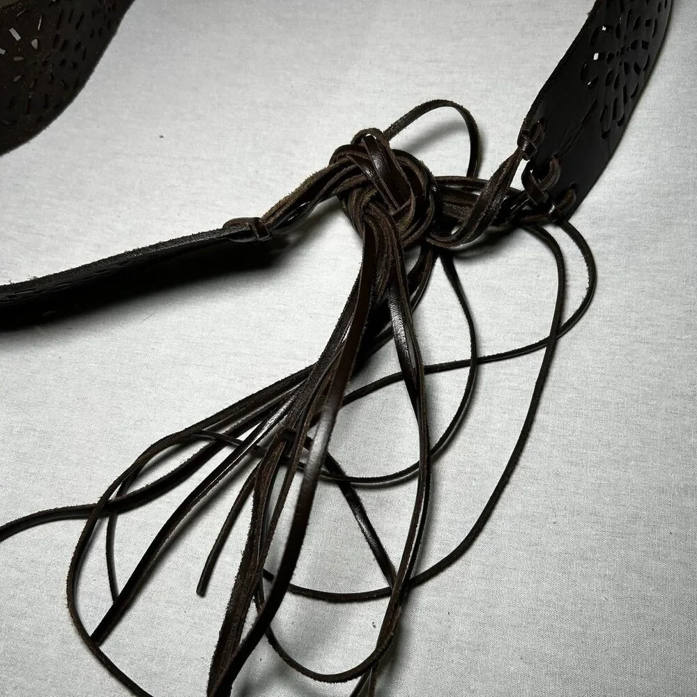 New York & Company dark brown bohemian laser-cut belt long fringe ties. L/XL